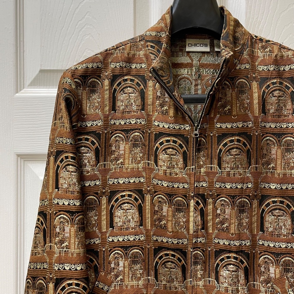 Vintage Chico's Sz 1 (M/8) Grecian Print Rust & Gold Silk Blend Zip Jacket 298F